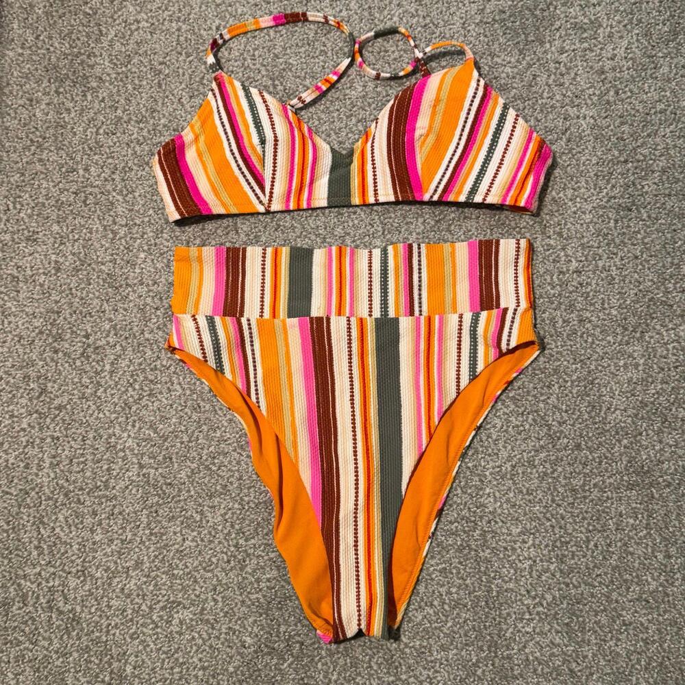 Aerie Orange Striped High Leg Bikini Set | Size M